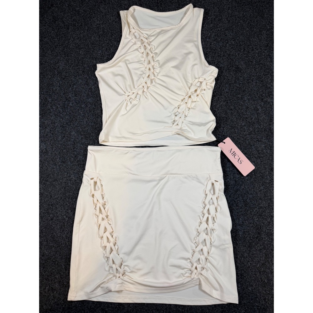 Micas Cream Lattice Interlaced Two Piece Set Crop Top Mini Skirt Size M NWT